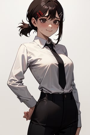 (masterpiece, best quality:1.2), 1girl, solo, kobeni higashiyama, brown hair, hair ornament, hairclip, ponytail, short hair, brown eyes, black necktie, black pants, formal, long sleeves, simple background,closed_mouth,nervous,forced_smile