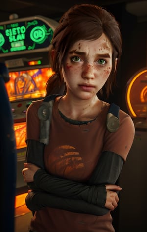 elliet2, green eyes,  brown hair, low ponytail, red shirt, dirty clothes,   long sleeves, upper body, standing,shy, arcade room, neon lights, night,  looking at viewer,masterpiece, best quality, solo,  ,