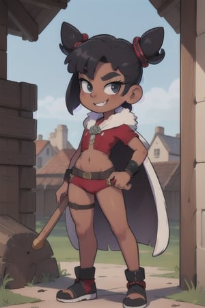 1girl, solo,teen,(teenager:1.3),(dark_skin_female:1.1),medieval_setting,
black hair,twin buns,
smug,smile,black eyes,standing,
red clothes,bracers,barbarian,fur pelt,medieval clothes