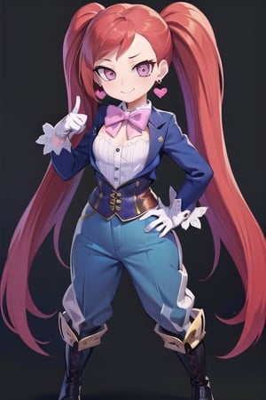 ultra-detailed, masterpiece, highest quality,(la brava:1.5)my hero academi,1girl, solo, long hair, looking at viewer, simple background, gloves, bow, twintails, very long hair, standing, full body, girdle, red hair, earrings, boots,(blue_top),white gloves, bowtie, pink eyes, hand on hip, black background, heart earrings, oversized loose pants,(Manami Aiba),smile,