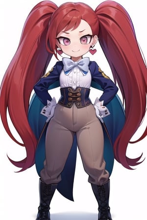 ultra-detailed, masterpiece, highest quality,(la brava:1.5)my hero academi,1girl, solo, long hair, looking at viewer, simple background, gloves, bow, twintails, very long hair, standing, full body, girdle, red hair, earrings, boots,(blue_top),white gloves, bowtie, pink eyes, hand on hip, black background, heart earrings, oversized loose pants,(Manami Aiba),smile,