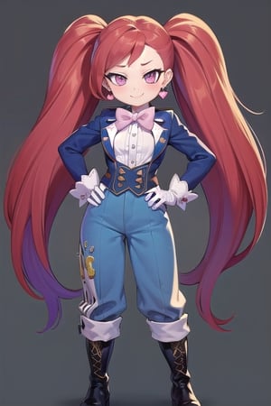 ultra-detailed, masterpiece, highest quality,(la brava:1.5)my hero academi,1girl, solo, long hair, looking at viewer, simple background, gloves, bow, twintails, very long hair, standing, full body, heart, red hair, earrings, boots, white gloves, bowtie, pink eyes, hand on hip, black background, heart earrings, oversized loose pants,(Manami Aiba),smile,