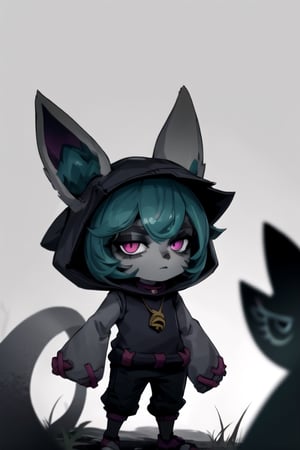 , vex1, (grey skin:1.3), full body, standing, outdoors, sky, simple background, day, closed mouth, glare, looking at viewer, black pants, jewelry, necklace,floppy_sleeves,yordle,tiny_female