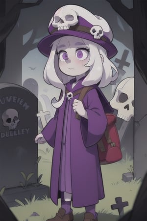 1girl, solo,teen,(teenager:1.3),(pale_skin_female:1.1),medieval_setting,
white hair,long_hair,messy_hair,
bags_under_eyes,frown,standing,
purple clothes,(skull hat),torn_clothes,purple robes,medieval clothes,graveyard in background