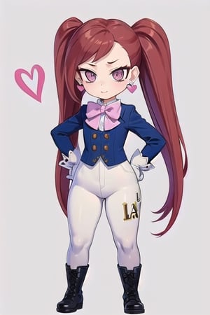 ultra-detailed, masterpiece, highest quality,(la brava:1.5)my hero academi,1girl, solo, long hair, looking at viewer, simple background, gloves, bow, twintails, jewelry, very long hair, standing, full body, heart, red hair, earrings, boots, pants, white gloves, bowtie, pink eyes, hand on hip, black background, heart earrings, puffy pants,(Manami Aiba),tiny_female,short_arms,short_legs