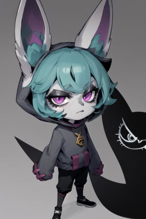 , vex1, (grey skin:1.3), full body, standing, outdoors, sky, simple background, day, closed mouth, glare, looking at viewer, black pants, jewelry,smug,shadow, necklace,floppy_sleeves,yordle,tiny_female