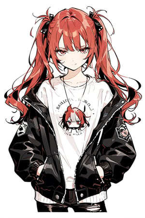 1girl,edgy girl, punk,rock'n'roll,red_hair,twin tail,
 ,jacket, hands in pockets, smile
masterpiece,  best quality,  aesthetic,line art,
white_background,Upper body