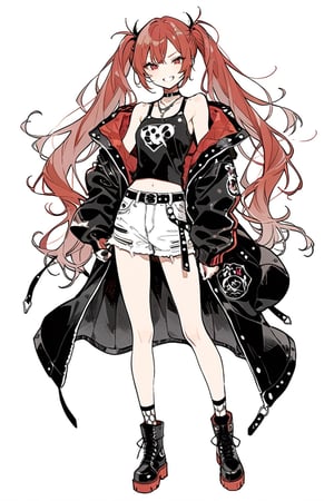 1girl,edgy girl, punk,rock'n'roll,red_hair,twin tail,
 ,jacket,
big_smile,
masterpiece,  best quality,  aesthetic,line art,
white_background,full body