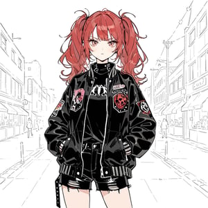 1girl,edgy girl, punk,rock'n'roll,red_hair,twin tail,
 ,jacket, hands in pockets, sulk,
masterpiece,  best quality,  aesthetic,line art,