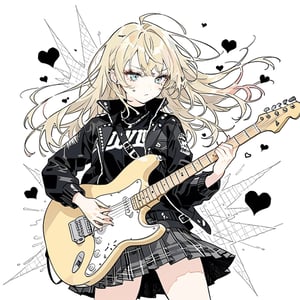 1girl,edgy girl, punk,rock'n'roll,blond_hair, 
 ,jacket, plaid pleated skirt, love the guitar
masterpiece,  best quality,  aesthetic,colored line art,
basic_background, use full screen