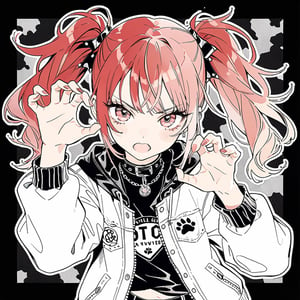 1girl,edgy girl, punk,rock'n'roll,red_hair,twin tail,
 ,jacket, paw pose
masterpiece,  best quality,  aesthetic,line art,