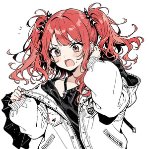 1girl,edgy girl, punk,rock'n'roll,red_hair,twin tail,
 ,jacket, hair twirling, embarrassed,
masterpiece,  best quality,  aesthetic,line art,