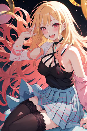 Kitagawa Marin, anime girl, (best quality, masterpiece, ultra quality), pink eyes, blonde and pink hair, blushing, nipples, black lace top, black lace skirt, black lace stockings, long_hair, choker, two arms, bubbly face, MARIN KITAGAWA