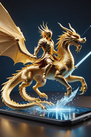 (((3D digital hologram))), a smatphone placed flat on a table,  a warrior with a spear is battling a golden dragon, out on top of smartphone screen,(emerging from a smartphone:1.5), .,3D Mesh,knight&dragon,golden dragon