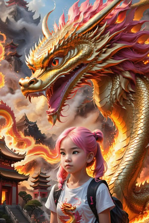 A young girl with a backpack and pigtails watches a Massive golden Dragon Destroying a chinese temple vilage, an epic fearsome dragon. This mesmerizing image, portrayed through a vivid painting, captures theterror  and danger of the encounter. The pink hair  gleams brightly, the fire-breathing beast. the young girl is stood in fear, reflects the intense light of the fiery backdrop, emphasizing the determination in his eyes. The dragon, exuding menace, boasts menacing scales with a teardrop of molten lava dripping from its serrated jaw. With flawless brushstrokes and remarkable attention to detail, this masterpiece engulfs viewers in the awe-inspiring clash of man versus beast. soft bokeh,golden dragon