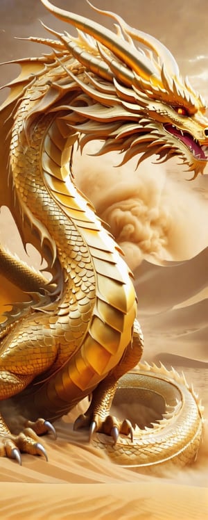 Generate hyper realistic image of a dragon amidst a swirling desert sandstorm, its scales blending seamlessly with the golden sands. Showcase the dragon as a guardian of ancient secrets, with the storm creating a veil of mystery and revealing glimpses of ancient ruins in the background.up close , 4k,style,Dragon,dripping paint,golden dragon