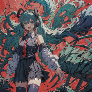 1girl, solo, long hair, looking at viewer, smile, open mouth, bangs, skirt, simple background, shirt, hair ornament, thighhighs, hair between eyes, bare shoulders, twintails, very long hair, blue hair, white shirt, cowboy shot, pleated skirt, detached sleeves, necktie, sleeveless, collared shirt, black thighhighs, miniskirt, black skirt, aqua eyes, zettai ryouiki, sleeveless shirt, aqua hair, headphones, pink background, outstretched arm, hand on own chest, grey shirt, red background, headset, blue necktie, outstretched hand, black sleeves, aqua necktie, hatsune miku,big breasts,fat thighs, transparent background,retroartstyle