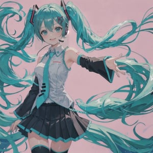 1girl, solo, long hair, looking at viewer, smile, open mouth, bangs, skirt, simple background, shirt, hair ornament, thighhighs, hair between eyes, bare shoulders, twintails, very long hair, blue hair, white shirt, cowboy shot, pleated skirt, detached sleeves, necktie, sleeveless, collared shirt, black thighhighs, miniskirt, black skirt, aqua eyes, zettai ryouiki, sleeveless shirt, aqua hair, headphones, pink background, outstretched arm, hand on own chest, grey shirt, red background, headset, blue necktie, outstretched hand, black sleeves, aqua necktie, hatsune miku,big breasts,fat thighs, transparent background