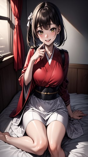 (masterpiece, best quality, highres:1.3), (1girl:1.3), ((solo)), ecchi,  military girl, Japanese bedroom, joyful, looking at camera, old photo filter, yellowed photo, happy, reminiscent, nostalgic, memory