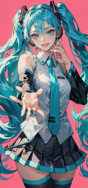 1girl, solo, long hair, looking at viewer, smile, open mouth, bangs, skirt, simple background, shirt, hair ornament, thighhighs, hair between eyes, bare shoulders, twintails, very long hair, blue hair, white shirt, cowboy shot, pleated skirt, detached sleeves, necktie, sleeveless, collared shirt, black thighhighs, miniskirt, black skirt, aqua eyes, zettai ryouiki, sleeveless shirt, aqua hair, headphones, pink background, outstretched arm, hand on own chest, grey shirt, red background, headset, blue necktie, outstretched hand, black sleeves, aqua necktie, hatsune miku,big breasts,fat thighs