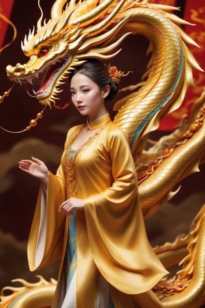 elegant young girl, traditional golden dragon, vibrant colors, majestic pose, flying motion, intricate dragon scales, flowing garments, silk textures, celestial background, ornate details, fantasy theme, ethereal atmosphere, dynamic composition, rich cultural elements, mythical vibe, (masterpiece: 2), best quality, ultra highres, original, extremely detailed, perfect lighting,Chinese Dragon,Katon,aotac,daxiushan,golden dragon