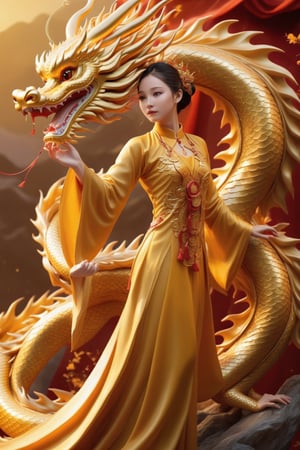 elegant young girl, traditional golden dragon, vibrant colors, majestic pose, flying motion, intricate dragon scales, flowing garments, silk textures, celestial background, ornate details, fantasy theme, ethereal atmosphere, dynamic composition, rich cultural elements, mythical vibe, (masterpiece: 2), best quality, ultra highres, original, extremely detailed, perfect lighting,Chinese Dragon,Katon,aotac,daxiushan,golden dragon