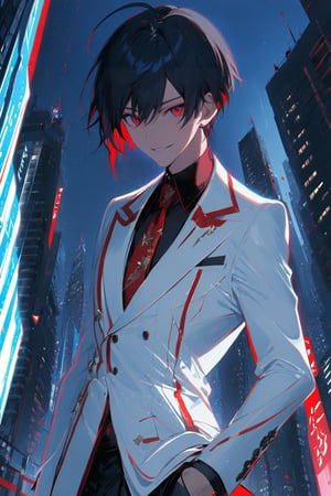 1 boy, alone, short hair, black hair, straight hair, pixie cut, bangs, ahoge, red eyes, smile, white suit, white jacket, blue vest, black shirt, black pants, red tie, decorated clothes, perfect light , night city, niji5, cowboy shot