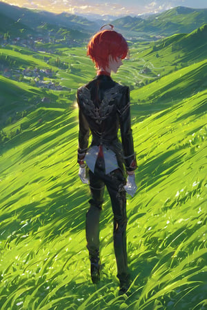 1 boy, alone, short hair, red hair, pixie cut, bangs, ahoge, gray eyes, expressionless, black suit, black tie, black jacket, white vest, red shirt, black pants, white gloves, decorated clothes, perfect light, hills, green grass,niji5