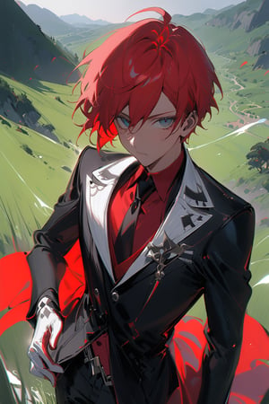 1 boy, alone, short hair, red hair, pixie cut, bangs, ahoge, gray eyes, expressionless, black suit, black tie, black jacket, white vest, red shirt, black pants, white gloves, decorated clothes, perfect light, hills, green grass,niji5