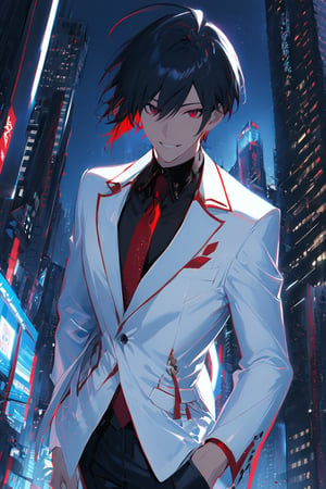 1 boy, alone, short hair, black hair, straight hair, pixie cut, bangs, ahoge, red eyes, smile, white suit, white jacket, blue vest, black shirt, black pants, red tie, decorated clothes, perfect light , night city, niji5, cowboy shot