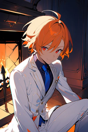 1 boy, alone, ((short hair)), orange hair, swept bangs, ahoge, red eyes, smile, white suit, white jacket, dark blue shirt, tie, white pants, decorated clothes, perfect light, Ogareño house, fireplace