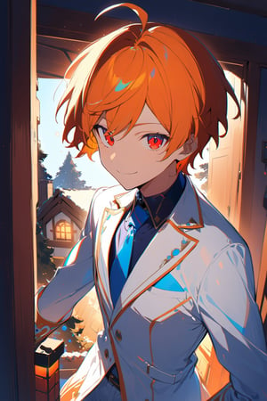 1 boy, alone, ((short hair)), orange hair, swept bangs, ahoge, red eyes, smile, white suit, white jacket, dark blue shirt, blue tie, white pants, decorated clothes, perfect light, Ogareña house, chimney