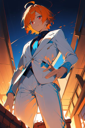 1 boy, alone, ((short hair)), orange hair, swept bangs, ahoge, red eyes, smile, white suit, white jacket, dark blue shirt, blue tie, white pants, decorated clothes, perfect light, Ogareña house, chimney, from below