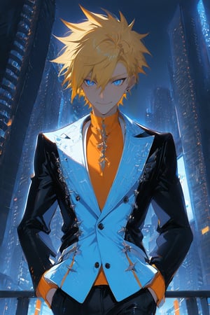 1 boy, alone, short hair, blonde hair, spiked hair, pixie cut, bangs, pale blue eyes, smile, black suit, black jacket, white vest, orange shirt, black pants, no tie, decorated clothes, perfect light, city , at night, niji5, cowboy shot