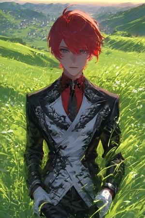 1 boy, alone, short hair, red hair, pixie cut, bangs, ahoge, gray eyes, expressionless, black suit, black tie, black jacket, white vest, red shirt, black pants, white gloves, decorated clothes, perfect light, hills, green grass,niji5