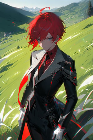 1 boy, alone, short hair, red hair, pixie cut, bangs, ahoge, gray eyes, expressionless, black suit, black tie, black jacket, white vest, red shirt, black pants, white gloves, decorated clothes, perfect light, hills, green grass,niji5