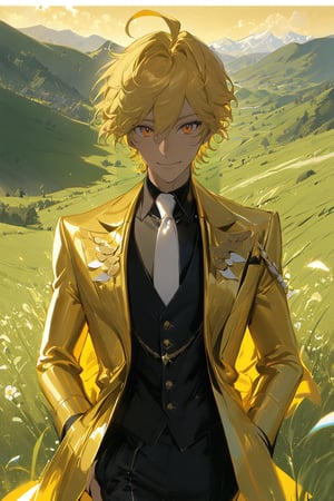 1 boy, alone, short hair, blonde hair, wavy hair, pixie cut, bangs, ahoge, orange eyes, smile, gold suit, gold jacket, black vest, black shirt, black pants, white tie, decorated clothes, perfect light, hills, green grass, niji5, cowboy shot