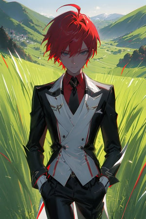 1 boy, alone, short hair, red hair, pixie cut, bangs, ahoge, gray eyes, expressionless, black suit, black tie, black jacket, white vest, red shirt, black pants, white gloves, decorated clothes, perfect light, hills, green grass,niji5, cowboy shot