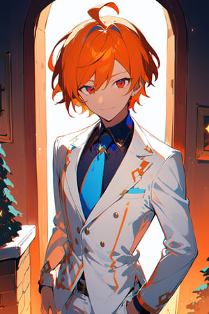 1 boy, alone, ((short hair)), orange hair, swept bangs, ahoge, red eyes, smile, white suit, white jacket, dark blue shirt, blue tie, white pants, decorated clothes, perfect light, Ogareña house, chimney, cowboy shot