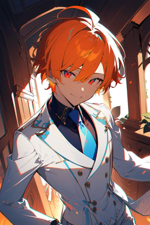 1 boy, alone, ((short hair)), orange hair, swept bangs, ahoge, red eyes, smile, white suit, white jacket, dark blue shirt, blue tie, white pants, decorated clothes, perfect light, Ogareña house, chimney