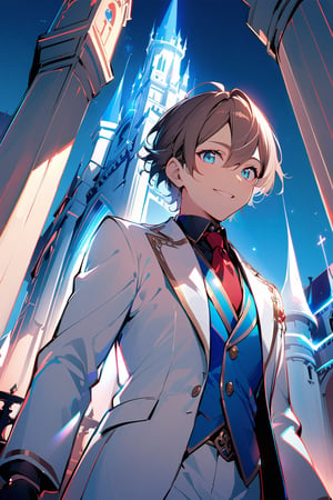 1 boy, alone, short hair, brown hair, bangs, hair between the eyes, messy hair, tuft of white hair, blue eyes, smile, suit, white suit, blue vest, white jacket, black shirt, white pants, ornate clothing , blue light, castle, de noce, from below, red tie, black gloves