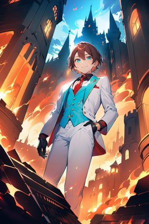 1 boy, alone, short hair, brown hair, bangs, hair between the eyes, white highlights, turquoise eyes, smile, suit, white suit, light blue vest, white jacket, black shirt, white pants, embellished clothing, blue light, castle, de noce, city on fire, from below, red tie, black gloves