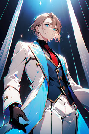 1 boy, alone, short hair, brown hair, bangs, hair between the eyes, messy hair, tuft of white hair, blue eyes, smile, suit, white suit, blue vest, white jacket, black shirt, white pants, ornate clothing , blue light, castle, de noce, from below, red tie, black gloves, cowboy shot