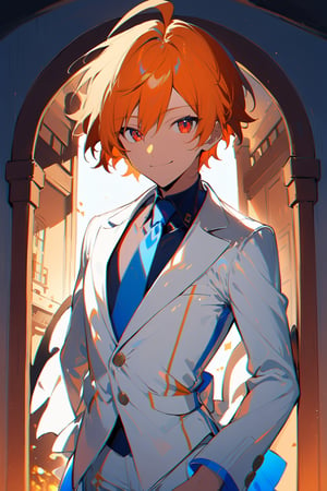 1 boy, alone, ((short hair)), orange hair, swept bangs, ahoge, red eyes, smile, white suit, white jacket, dark blue shirt, blue tie, white pants, decorated clothes, perfect light, Ogareña house, chimney, cowboy shot