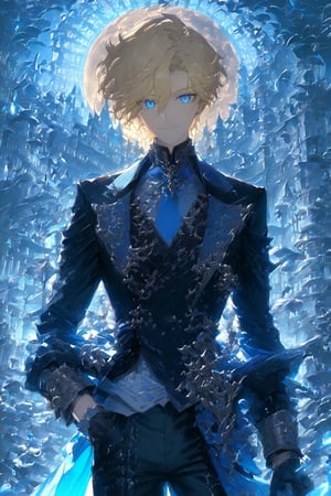 1 boy, alone, short hair, pale blonde hair, pixie cut, hair open forehead, dark blue eyes, smile, black suit, blue tie, black jacket, gray vest, white shirt, black pants, gray gloves, decorated clothing, light perfect, palace, night city, moon, niji5, cowboy shot