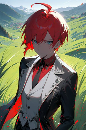 1 boy, alone, short hair, red hair, pixie cut, bangs, ahoge, gray eyes, expressionless, black suit, black tie, black jacket, white vest, red shirt, black pants, white gloves, decorated clothes, perfect light, hills, green grass,niji5