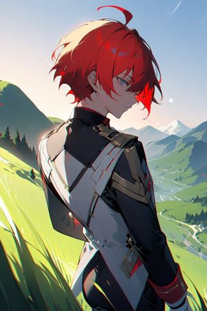 1 boy, alone, short hair, red hair, pixie cut, bangs, ahoge, gray eyes, expressionless, black suit, black tie, black jacket, white vest, red shirt, black pants, white gloves, decorated clothes, perfect light, hills, green grass