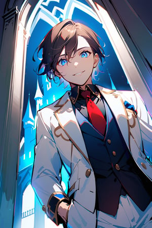 1 boy, alone, short hair, brown hair, bangs, hair between the eyes, messy hair, tuft of white hair, blue eyes, smile, suit, white suit, blue vest, white jacket, black shirt, white pants, ornate clothing , blue light, castle, de noce, from below, red tie, black gloves