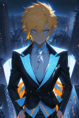 1 boy, alone, short hair, blonde hair, spiked hair, pixie cut, bangs, pale blue eyes, smile, black suit, black jacket, white vest, orange shirt, black pants, white tie, decorated clothes, perfect light, city , at night, niji5, cowboy shot