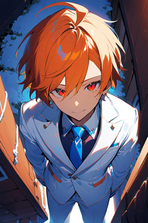 1 boy, alone, ((short hair)), orange hair, swept bangs, ahoge, red eyes, smile, white suit, white jacket, dark blue shirt, blue tie, white pants, decorated clothes, perfect light, Ogareña house, chimney, from above